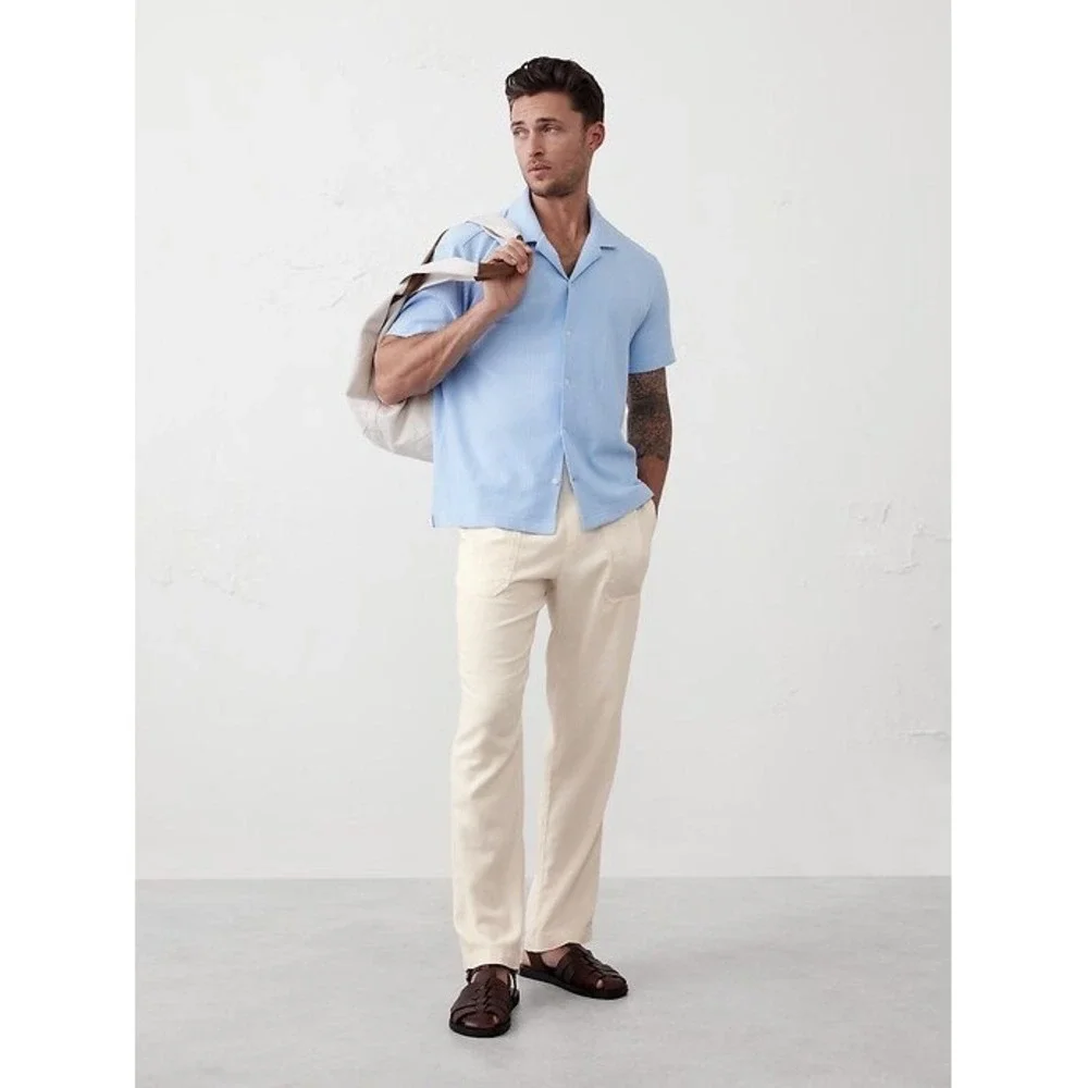 Banana Republic Pants Medium Linen Blend Cream Pull On Straight Leg Preppy